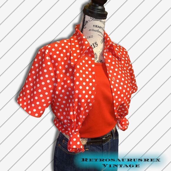 vintage 1970’s Red Tank & Polka Dot Button Up Shirt Set, XL - Picture 2 of 8